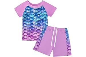 SERTAS Swimming Costume with Shorts,Girls Short Sleeve Swimsuit,Cute Printed Swimming Suit,Beachwear Top Shorts,Drawstring Summer Swimwears for Swimwears Pool Party