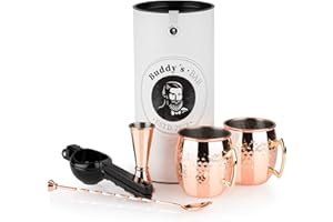 Buddy´s Bar - Moscow Mule Komplett Set, 2 x 500 ml Cocktail-Becher, 27 cm Barlöffel, 5 cl Barmaß & Schwarze Limettenpresse, lebensmittelecht, Cocktail-Tassen-Set inkl. Geschenkbox, Kupfer gehämmert