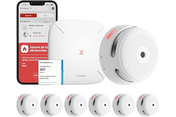 X-Sense Détecteur de Fumée Connecté, Kit de Sécurité pour la Maison avec SBS50 Station de Base, Conforme à la Norme EN14604, Compatible avec l'Appli X-Sense Home Security, FS61