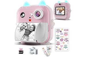 TINYGEEKS Macchina Fotografica Bambini Istantanea – Doppio Obiettivo 48MP, Video 1080P, Stampa Termica con 4 Rotoli di Carta – App Bluetooth, Scheda da 32GB – Regalo per Bambine & Bambini 3-12 Anni (Rosa)