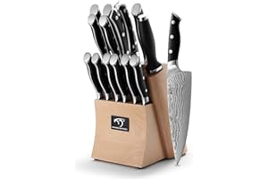 NANFANG BROTHERS Set di Coltelli da Chef Damasco 15 Pezzi, Ceppo di Coltelli in Legno di Faggio, Giapponese Set di Coltelli da Cucina VG10 Steel 67 Strati Lame in Acciaio Damasco