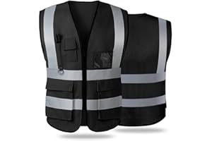 GRTLPOK Chaleco de seguridad reflectante de alta visibilidad para mujeres y hombres, con bolsillos y cremallera frontal, cumple con las normas ANSI/ISEA, Negro (malla), L