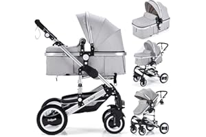 Daliya Bambimo 2in1 Kinderwagen - Kombikinderwagen 9-Teiliges Set incl. Babywanne & Sportsitz/Buggy - 1-Klick-System/Alu-Rahmen/Voll-Gummireifen/Sonnenschutz/Getränkehalter in Elegance-Grau