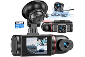 Kussla Dash Cam Front and Rear Inside 3 Channel Dashcam for Cars 1080P with 64GB Card Adjustable Lens 3 Ways Triple Camera with Night Vision, G-sensor, Loop Recording, Parking Monitor