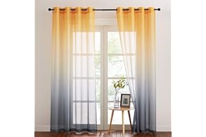 NICETOWN Cortinas y Visillos Salon 2 Piezas Cortinas Boho Cortina Translucida con Aspecto de Lino Cortinas Largas para Cocina/Comedor, 140x245cm(AnchoxAlto), Amarillo-Gris