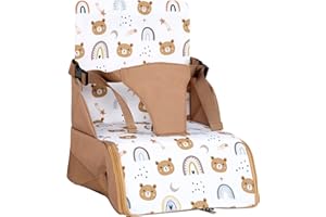 TINÉO - Réhausseur Nomade - Adaptable A Toutes Les Chaises - Ultra Compact - Transportable - Harnais De Sécurité - Rangement Compartimenté Et Fermé Dans L'Assise (Camel Ourson)