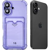 Ehr. iPhone 16 Uyumlu Kamera Korumalı Kartlıklı K&ouml;şeleri Airbag Tasarımlı Darbe &Ouml;nleyici Şeffaf Silikon Kılıf (Mor, iPhone 16