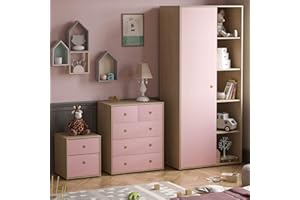 Junior Vida Neptune 3 Piece Bedroom Furniture Set 2 Drawer Bedside Table Cabinet, 5 Drawer Chest, 1 Door Wardrobe (Pink & Oak)