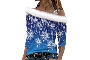 YINGUO Modisches, lässiges One-Shoulder-Langarm-Kragen-Top, Pullover, weihnachtlich bedrucktes T-Shirt Ringelshirt