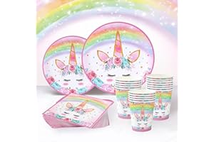 FAIRYMAIDEN Unicorno Stoviglie Per Feste Di Compleanno,Piatti e Bicchieri Per Feste Di Compleanno,Unicorni Posate Usa e Getta Con Piatti Carta Rosa,Tovaglioli Rosa,Bicchieri Carta,Posate Usa e Getta Per 24 Ospiti