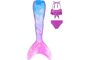 DNFUN Coda di Sirena con Bikini per Bambina,3pz, No Pinna,Costumi da Bagno Sirena