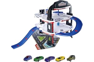 Majorette - Urban Garage, parcheggio a 3 Livelli con Ascensore, Autolavaggio e Pompa di Benzina, Include 5 Auto in Die-Cast in Scala 1:64, dai 3 anni