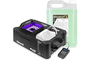 BeamZ BLAZE1800 Machine à Fumée LED 1800W avec 24 LEDs RGBA, Effet Geyser Vertical et Horizontal, Contrôle DMX 512, Modes Auto et Musical, Télécommandes et 5L de Liquide Inclus