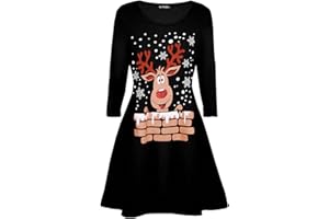 Fashion Star Womens Christmas Printed Pullover Long Sleeve Flared Swing Xmas Mini Dress