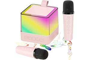 LAQULA Mini Macchina Karaoke per Bambini Adulti con 2 Microfoni Senza Fili Altoparlante Bluetooth Portatile con Luci LED Giocattolo Musicale Regali per Feste di Compleanno (Rosa)