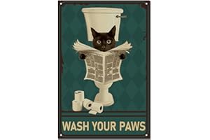 CREATCABIN Panneau en Métal Vintage en Forme Chat Noir-Plaque Peinture Rétro en Fer-Décoration Murale Suspendre pour Cadeau-Intérieur Ou Extérieur-Maison,Salle Bain,Toilettes-30x20cm-Lavez Vos Pattes