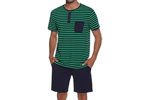 Leversic Schlafanzug Herren Kurz aus Baumwolle mit Kontraststreifen Design, Sommer Pyjama Set Oberteile und Kurze Hosen, Vater und Partner, Grün, L