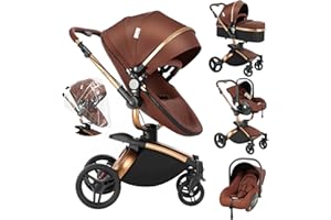 Veitoalioy PU-Leder Kinderwagen 3 in 1, 360° Drehbarem Sitz Faltbarer Kinderwagen Set, Aluminium Hohe Landschaft Babywagen, Bequemer Multifunktionaler Kombikinderwagen 3 in 1 Komplettset (906 Brown)