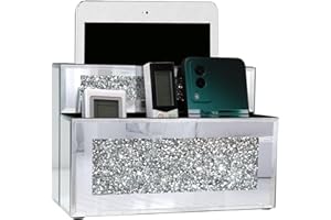 GOTHICO Mirrored Remote Holder, Wall or Tabletop Mounted Crush Diamond Bling Decoration Organizer Storage Caddy for Remote Phone Pad Notebook Makeup Brush,4 Slots in 3 Sizes,9.1"×6.1"×4.8"