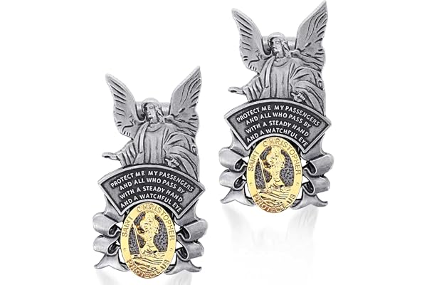 cobee Lot de 2 médailles de Saint-Christophe pour voiture, Saint Christophe avec ange gardien - Clip religieux pour pare-soleil de voiture - Cadeau pour la protection de voyage
