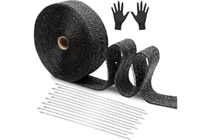 GLKEBY Protezione Calore Nastro 10 mx50mm, cintura in tessuto di fibra di vetro nera ignifuga anti-scottatura con conservazione del calore, con 12 fascette in acciaio inossidabile + guanti