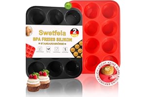 Swetfela 2 Pezzi Teglia Muffin,12 Stampo Muffin 29.2 X 22 X 3 cm,Riutilizzabile di Grado Alimentare Stampo Muffin Silicone,Stampi Muffin per Muffin per Cupcake,Brownies,Budini Mini Muffin(Nero+Rosso)