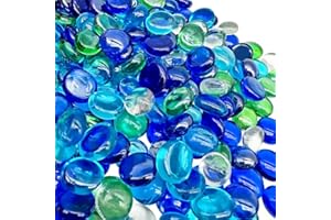 OIIURLY Glass Pebbles 900g (about 210pcs) Round Decorative Stones Coloured Glass Vase Beads Dark Blue Light Blue Transparent and Green Flat Stones about 17-20mm of Diameter Glass Gems for Vases Aquarium