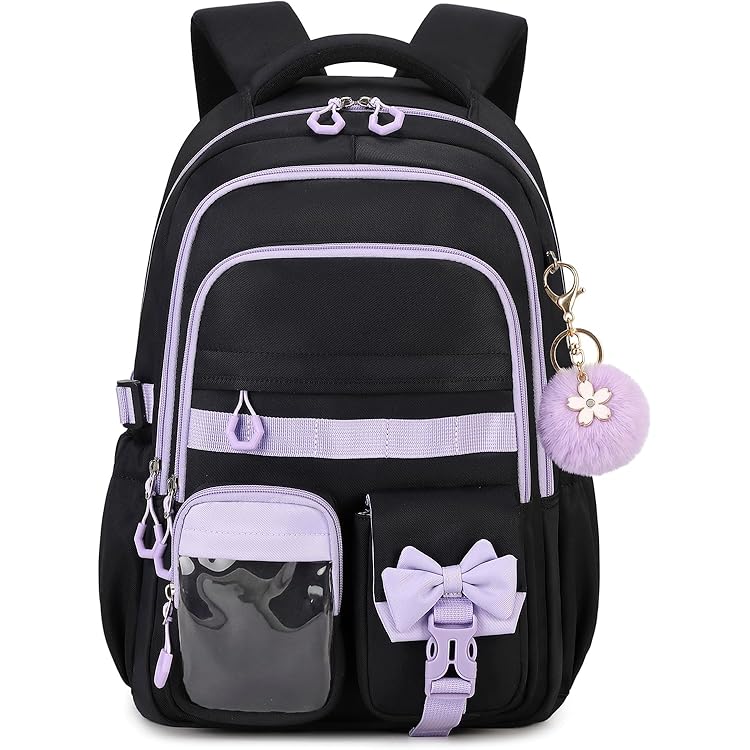 Amythe Schoolrugzak meisjes rugzak school tieners met schattige hanger, lichte waterdichte dagrugzak, 29 liter modieuze schooltas meisjes voor school of reizen, lichtviolet, L, Modieus
