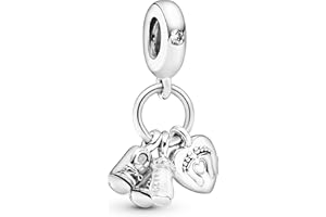 Pandora Moments Women's Sterling Silver Baby Bottle and Shoes Cubic Zirconia Dangle Charm for Bracelet