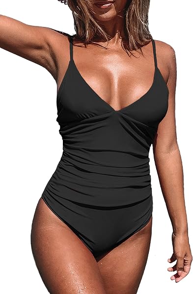 CUPSHE Traje de baño de una pieza para mujer, escote en V profundo, correas espaguetis ajustables, fruncido, frente, espalda baja, traje de baño - 1