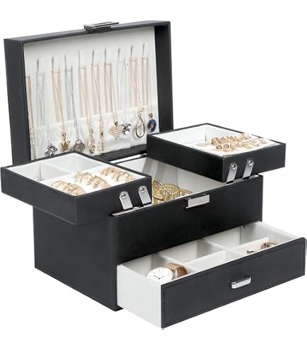 Boîte à Bijoux 3 Étages En Cuir - Avec Serrure Et Clé - Rangement Bagues, Colliers, Bracelets - Cadeau Femme