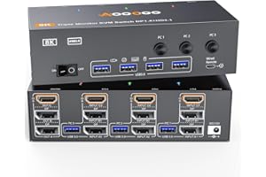 AOOCOO Switch KVM 3 monitor 3 computer 4K@144Hz 8K@60Hz, Displayport + HDMI USB3.0 Switch KVM con 4 porte USB 3.0, telecomando cablato, alimentazione e cavo USB3.0 incluso