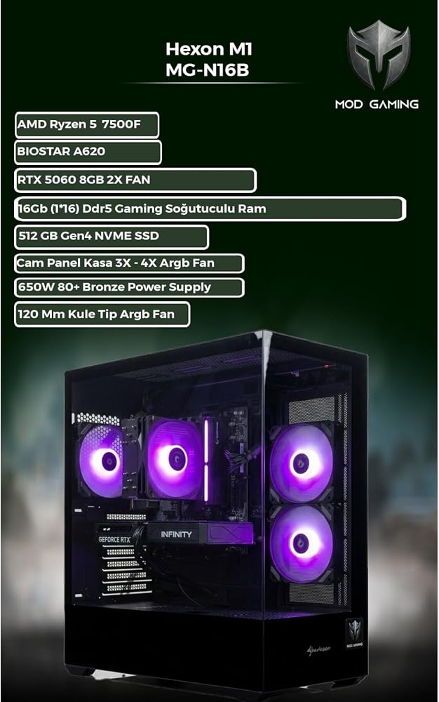 NEXA MG-N16B Amd Ryzen 5 7500F | RTX5060 | 16GB Ram | 512 GB Gen4 SSD | Windows 11 Pro | Oyuncu MASAÜSTÜ OEM PAKET