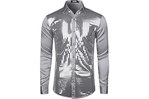 JOGAL Herren Pailletten Hemd 70er Langarm Disco Party Kostüm