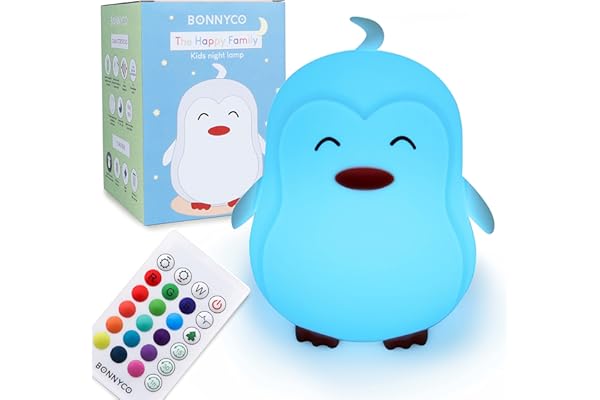 BONNYCO Luz Nocturna Infantil Pingüino con Control Remoto y Táctil 16 Colores. Luz Bebe Nocturna con Temporizador, Lampara Quitamiedos Infantil de Silicona Libre de BPA. Regalos para Niños y Niñas