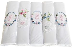 Surf the Shop Pack of 5 Ladies Initial Embroidered White Handkerchiefs with Satin Border and Matching Floral Handkies, Various Letters