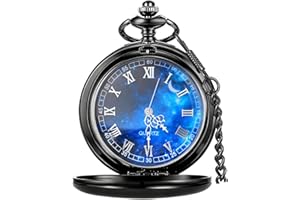Tiong Vintage Pocket Watch Smooth Steel Roman Numerals/Blue Starry Design Quartz Pocket Watches with Chain for Men Women