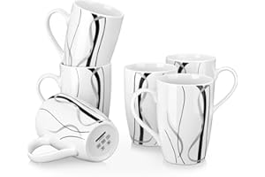 VEWEET Juego de 6 Tazas de Café 480 ml Juego de Tazas para 6 Personas, 6 Piezas Tazas Mugs de Café de Porcelana para el Desayuno Suplemento de la Serie FIONA, Líneas de Negro y Plata