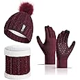 Tomorrow Pom Beanie Hat Scarf Gloves Set 3 in 1 Warm Thick Lining Slouchy Beanie Hats Scarf Touch Screen Gloves for Womens Girls