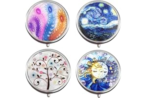 OHAODUO Pastillero redondo de metal, 4 unidades, para viaje, con 3 compartimentos, con espejo, tamaño pequeño para viajes, medicina, tableta, organizador redondo, para uso diario y de viaje