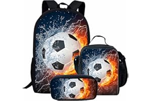 KUIFORTI Football School Sac à Dos Ensemble de 3, Enfants Cartable Cartable Sac À Dos Pour Ordinateur Portable Sac À Dos Scolaire Ensembles, Boîte À Lunch Thermique avec Étui à Crayons