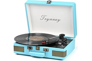 Trynnay Plattenspieler Schallplattenspieler 3-Gang-Bluetooth, tragbarer Koffer-Vinyl-Player mit integrierten Lautsprechern, Plattenspieler, verbesserter Audio-Sound, PU-Leder, Vintage Blue