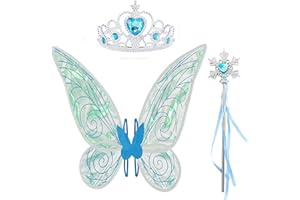 PRO-NOKE Butterfly Fairy Wings with Crown Fairy Wand 3 Pcs Fairy Princess Costume Accessories for Girls Women Fancy Party Dress Up (Blue)