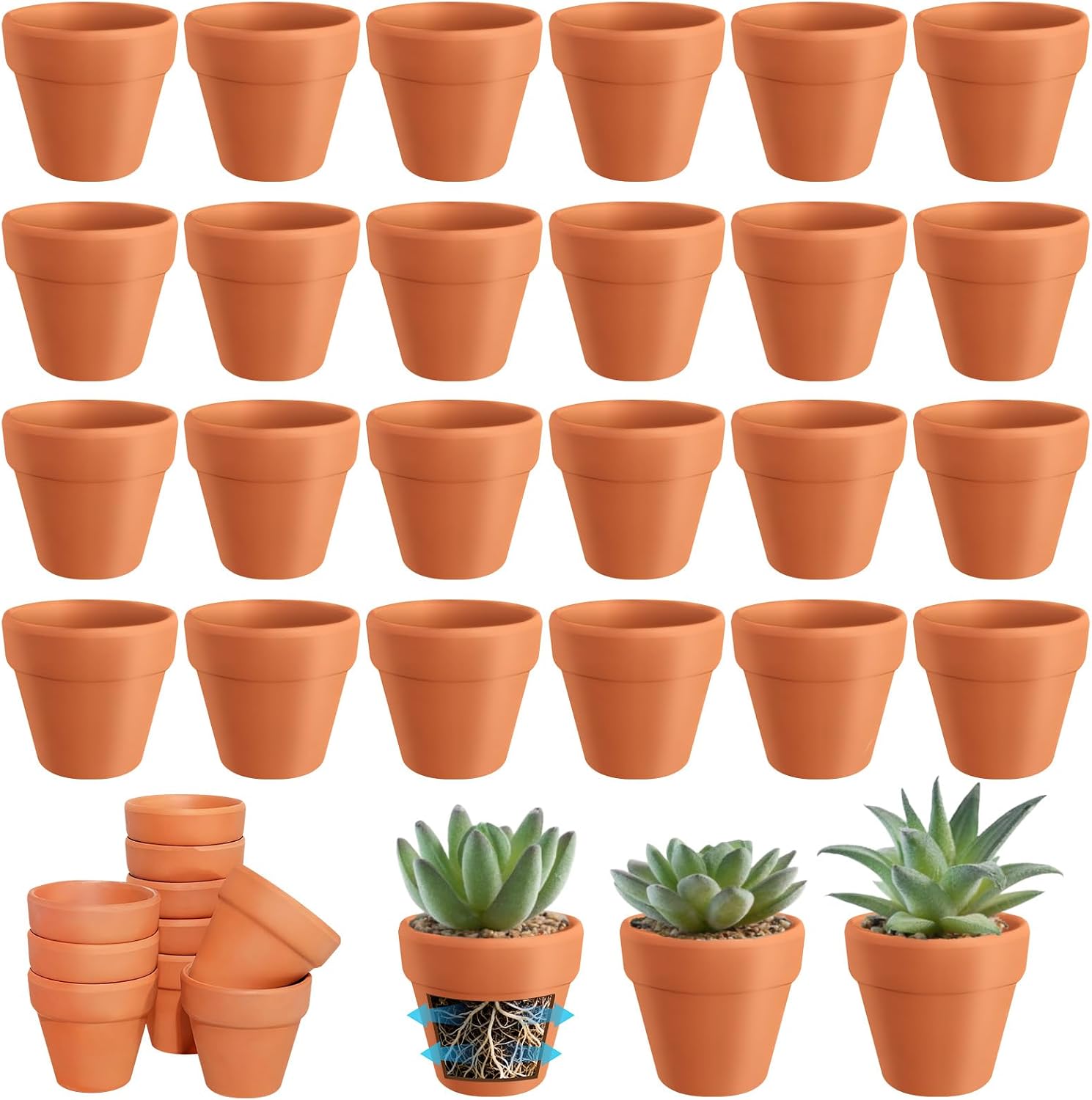 Valyrane Pack de 24 Macetas de Terracota de 5,5 cm con Agujero de Drenaje, Pequeñas Macetas Reutilizables para Suculentas, Cactus y Flores, Ideales para Manualidades en el Hogar y la Oficina