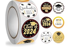 ZSTNPP Graduation Stickers 2024, 500 Pcs 1.5'' Graduation Stickers, 6 Designs Self-Adhesive Black & Gold Class of 2024 Congrats Graduation Labels for Grad Party Supplies