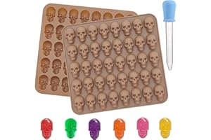 PTAIZJJZ Lot de 2 moules à bonbons en silicone en forme de tête de mort, 40 cavités pour Halloween, avec 1 compte-gouttes pour chocolat, bonbons, gelée, glaçons