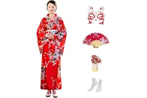 CRFASIBE Women Long Kimono Robe 5pcs Japanese Traditional Dress Costume Set Peacock Kimono Photography Cosplay Costume