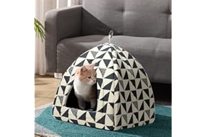 Hollypet Cat Bed Kitten Bed Cat Tent 2-in-1 Comfortable Igloo Pet Bed with Removable Cushion Cat Sleeping Cave House, Grey Triangle, M(40 * 40 * 43cm)