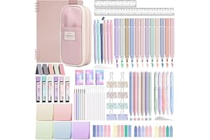 YIBONIKA 80 PCS Aesthetic Stationery Supplies with Pink Pencil Case & Notebook, 12 Pastel Highlighters, 6 Colour Pens, 5 Black Pens, 6 Mechanical Pencils, Stationery Set for School Office
