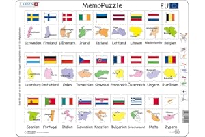 Larsen GP2 MemoPuzzle: Nomi, Bandiere e Capitali dei 27 Stati Membri dell'UE, Edizione Tedesco, Puzzle Incorniciato con 54 Pezzi